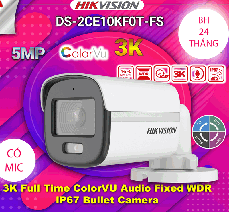 Camera HDTVI HIKVISION 5MP DS-2CE10KF0T-FS có màu ban đêm tích hợp micro CHÍNH HÃNG